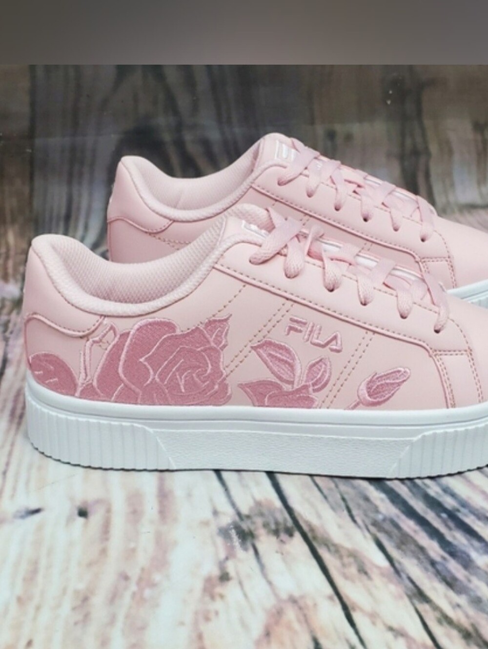 Fila Women's Panache 19 pink sneakers featuring an embroidered rose